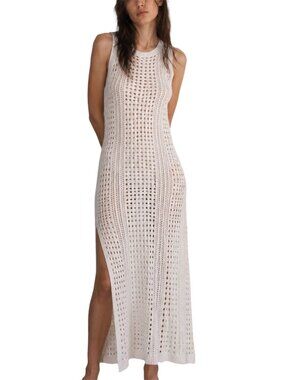 One Size White Crochet Knit Maxi Cover Up Dress Beach Overlay